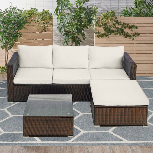 Sesslife Patio Furniture Set for 4, 5 Piece Rattan Sectional Sofa Set with Glass Top Coffee Table, Steel Frame, Brown Wicker Outdoor Furniture Conversation Set for Garden Backyard Porch