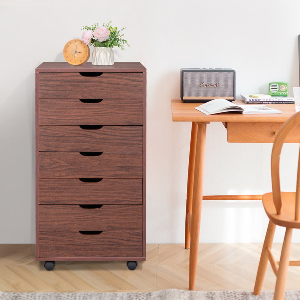 Brown Dresser with 7 Drawers, Sesslife Wood Dresser for Bedroom Living Room Office, 35.4" Tall Dresser with Removable 360¡ã Casters, Modern Nightstand, Space Saver Standing Organizer