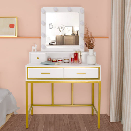 SESSLIFE White Vanity Desk, Wooden Vanity with Mirror and Lights, Bedroom Makeup Vanity with Storage Drawers, Modern Furniture Makeup Table for Girls Woman Birthday / Christams Gift, White, X198