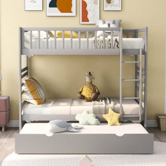 Kids Bunk Bed with Trundle, SESSLIFE Wood Twin Over Twin Bunk Bed/Convertible TwoTwin Beds, Bunk Bed with Ladders, Guardrails, Slats Support, Boys Girls Bedroom Furniture, Space Saving, Gray, X2103