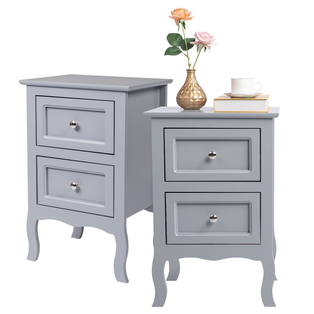 Grey Nightstand with Drawers, Sesslife Country Style Two-Tier Bedside Table Set of 2, Wood End Table for Living Room Bedroom