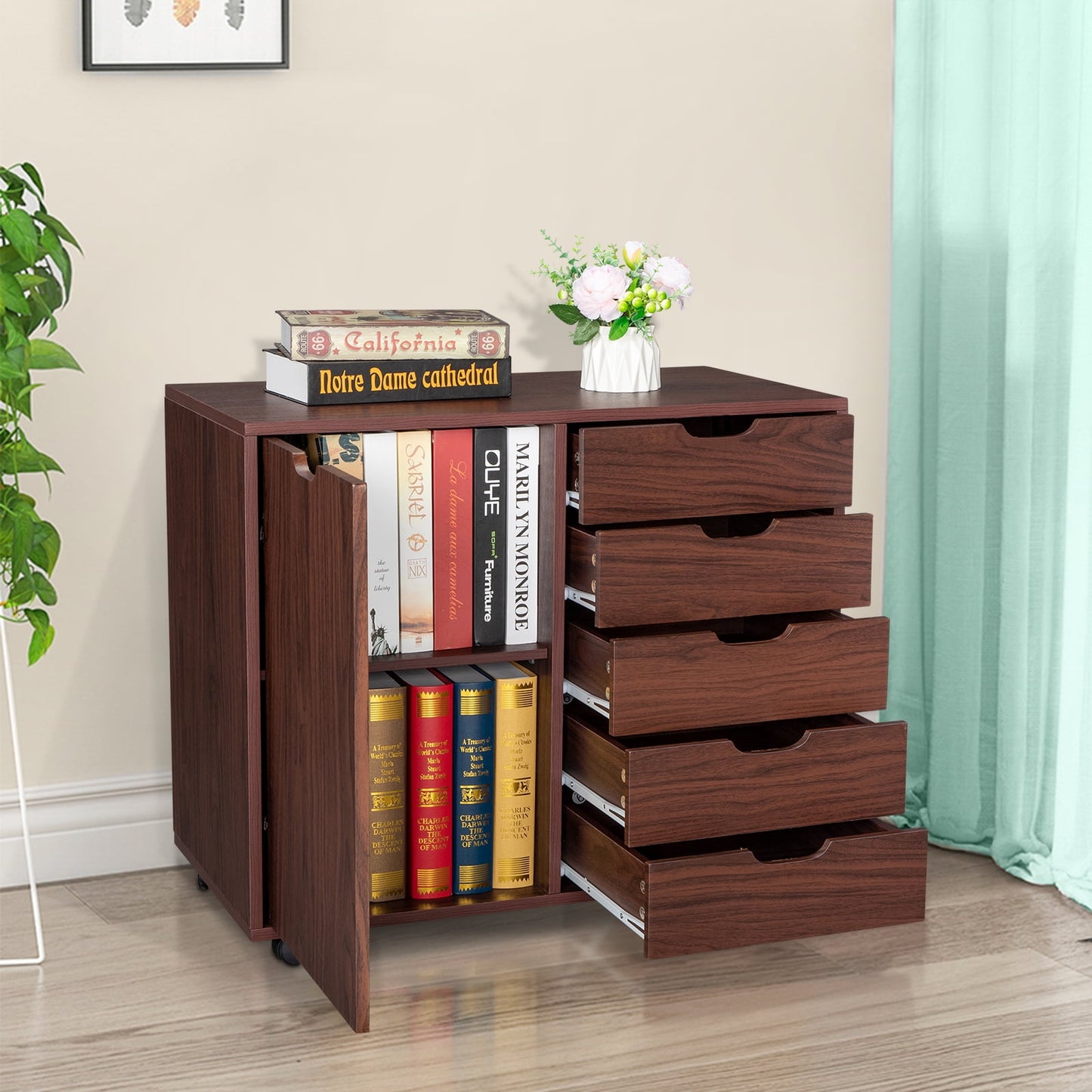 Sesslife Storage Cabinet, Wood Dresser with Doors and 5 Drawers, 360¡ã Swivel Casters, Modern Free Standing Organizer Chest of Drawer for Home Office, Dark Brown