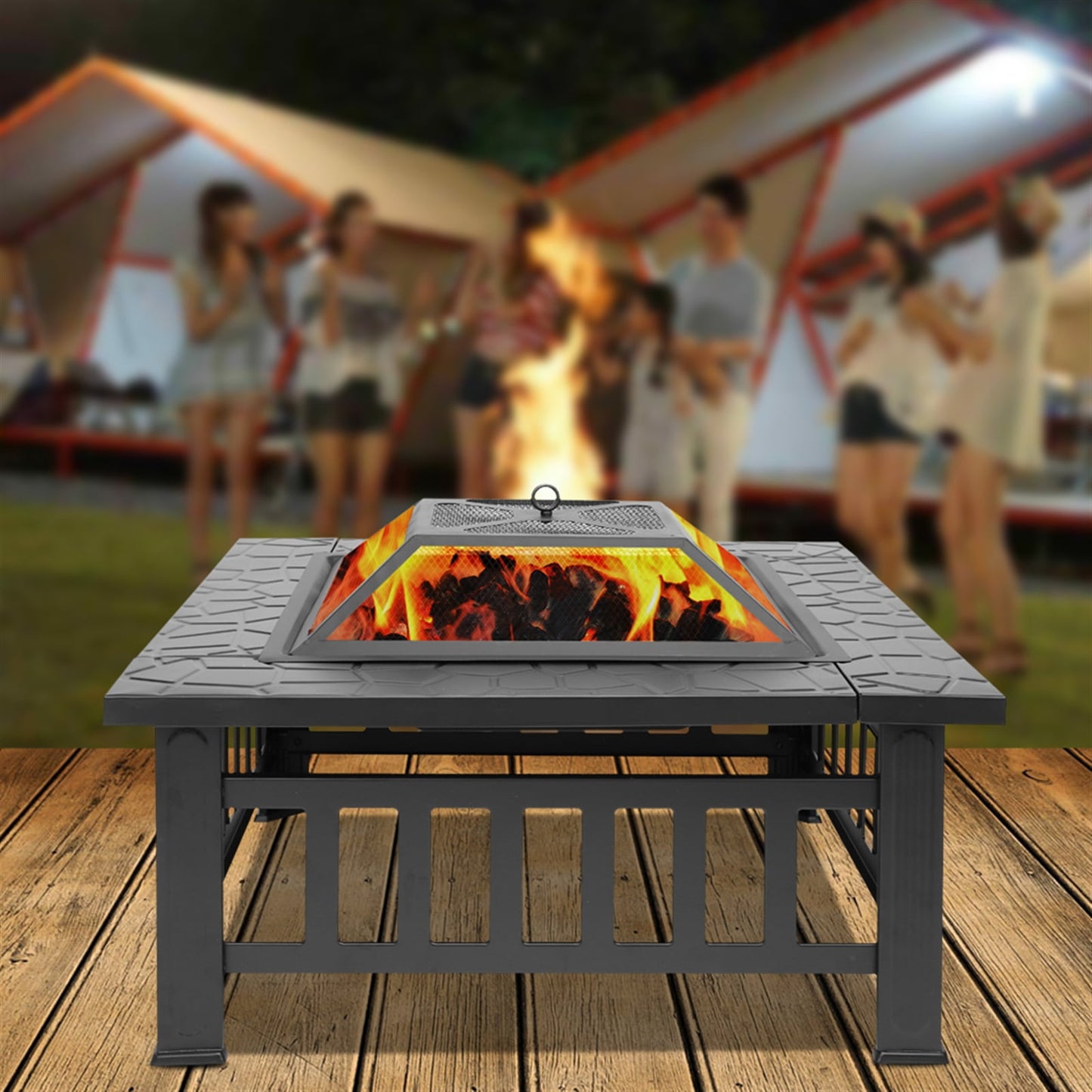 Outdoor Fire Pits, SESSLIFE 32" Square Fire Pit Table, Fire Pit Wood Burning with Safe Mesh Lid, Steel Frame Fire Pit, Patio Firepit/Grill/Ice Bucket, Black, X743