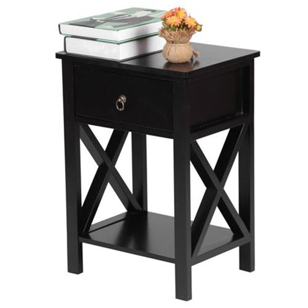 Wood Nightstand, Sesslife Modern Bedside Table with Drawer and Shelf, Black Night Stands for Bedroom, End Tables for Living Room, 2 Tiers Sofa Tables for Home