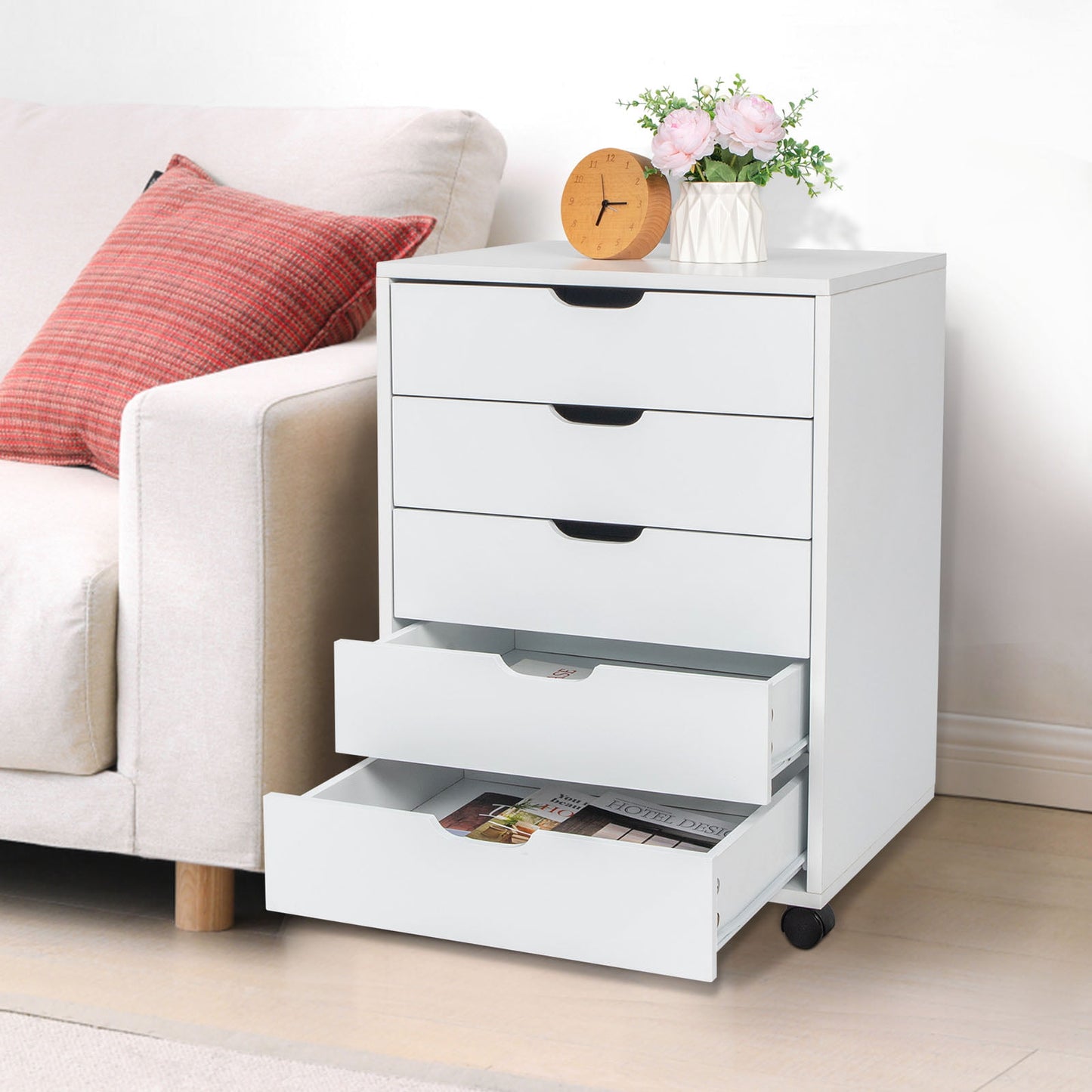 Sesslife Wood Dresser for Bedroom, 5 Drawer Dresser with 360¡ã Removable Casters for Living Room Office, White Chest of Drawers, Modern Storage Cabinet 19.2"L x 15.9"W x 36.3"H