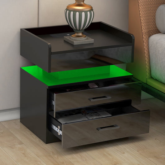 Sesslife Modern Nightstand with LED Light, USB Charging Ports and Outlets, Wireless Charging, Wood Bedside Table with Storage Drawers for Bedroom Living Room, Black
