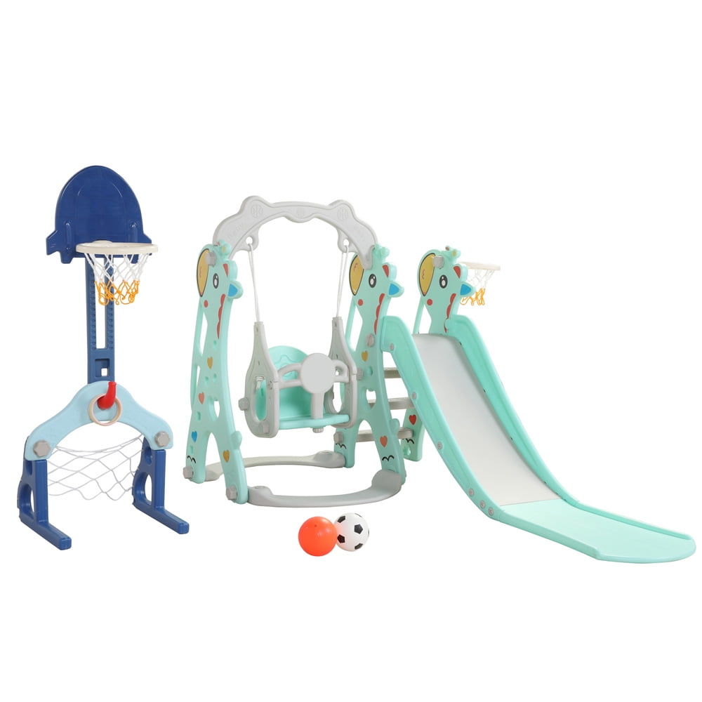 5 in 1 Kid Slide and Toddler Swing Play-Set, SESSLIFE Kids Basketball Hoop Set w/Basketball & Rim, Football & Goalmouth, Ring-toss Kit, 2-4 Years Old Toy Playset Indoor & Outdoor Use, Blue, X2001