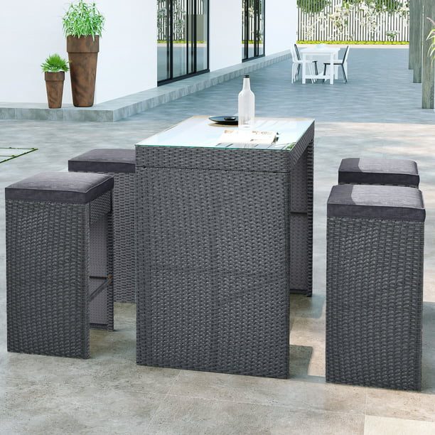 Bar Height Outdoor Dining Table Set for 4, Brown Rattan Patio Furniture Dining Table with 4 Stools, Lawn Garden Balcony Sectional Conversation Set