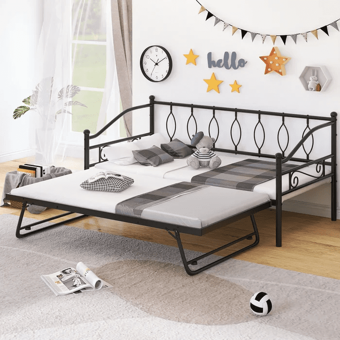 Metal Daybed with Trundle, SESSLIFE Twin Size Daybed with Adjustable Pop-Up Trundle, Black Daybed No Need Spring Box, Twin Sofa Bed with Steel Slats for Living Room Office, X2713