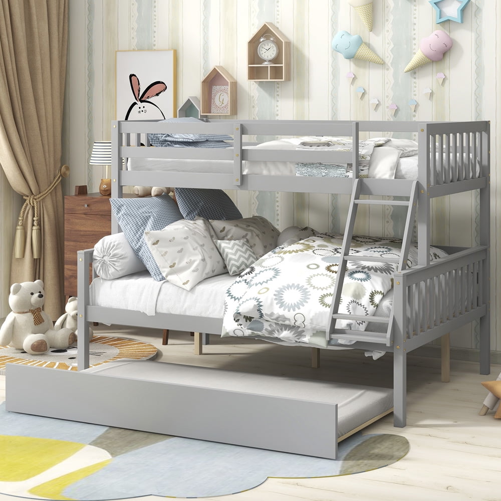 Sesslife Wood Twin over Full Bunk Bed with Trundle for Kids, Bunk Bed Frame with Ladder and Safety Guardrail, No Box Spring Need, Detachable Bed Frame Be Converted into 2 Beds, Grey, X2968