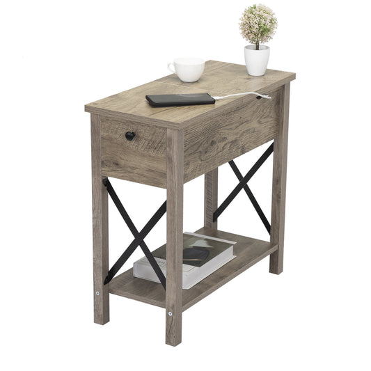 Drawer End Table, Sesslife Flip Top Storage Side Table for Living Room Bedroom, Farmhouse Style Sofa Table with Open Shelf and Charging Station, Wood Narrow Table for Corner Sofa Side, Gray
