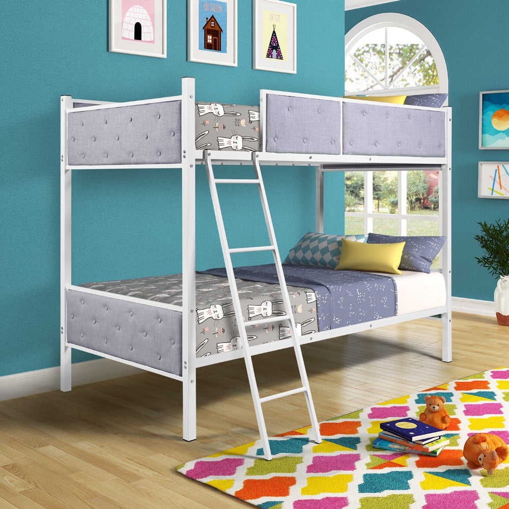 Metal Bunk Beds, SESSLIFE Upholstered Twin Over Twin Bunk Bed with Ladder, No Box Spring Needed, Twin Bed Frame for Kids Teens, Bunk Bed Frame with Safety Guard Rail, Light Gray, X1934