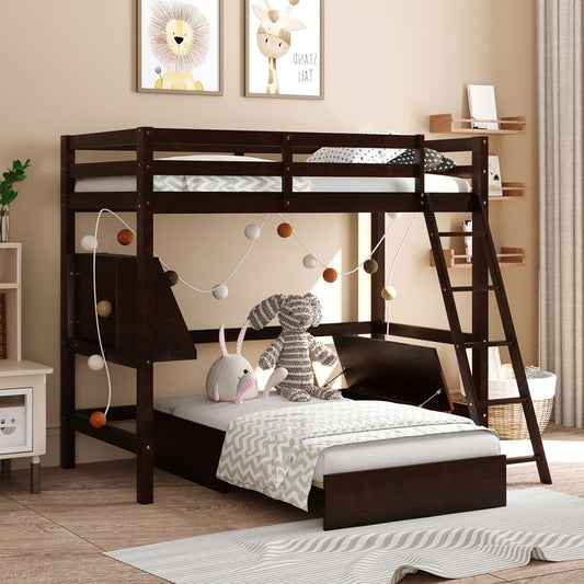 Kids Twin Loft Bed with Storage, Sesslife Espresso Loft Bed Wood for Kids Teens Room, Modern Design Twin Size Loft Bed with Convertible Lower Bed, Storage Drawer and Shelf, No Box Spring Needed