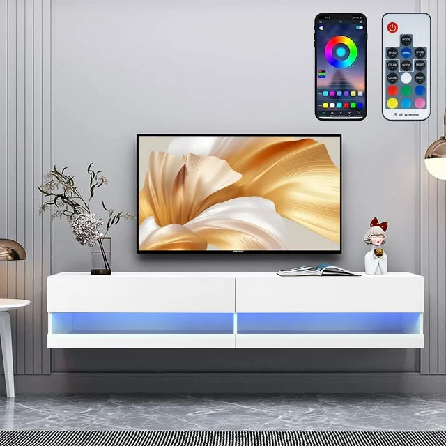 Sesslife Floating TV Stand Wall Mounted, LED Entertainment Center with Storage Cabinets, TV Stand for 80 Inch TV, Gaming Entertainment Center Console Table with Lights, Black