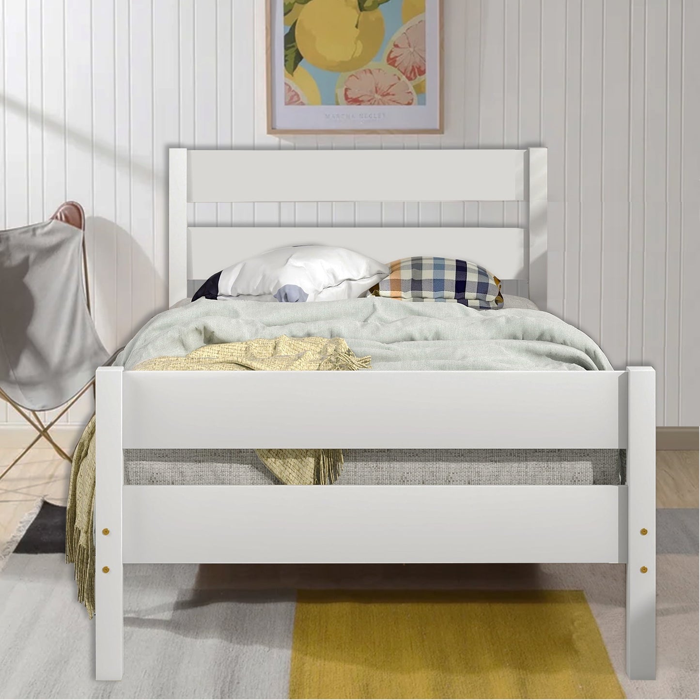 Sesslife Twin Bed Frames for Kids Teens, Wood Platform Bed Frame with Headboard and Footboard / Mattress Foundation / Support Slats, Bedroom Furniture Twin Size Bed Box Spring Needed, White