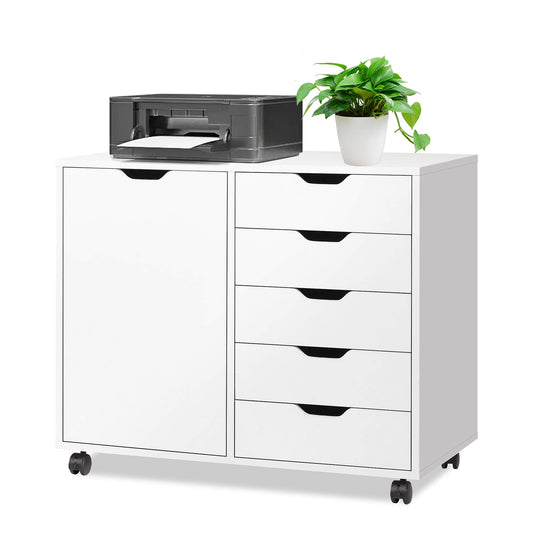 White Chest of Drawers, Sesslife Wood Dresser with Door and Adjustable Shelf and 360¡ã Swivel Casters, Movable Storage Cabinet for Office Bedroom Kitchen, Modern Furniture