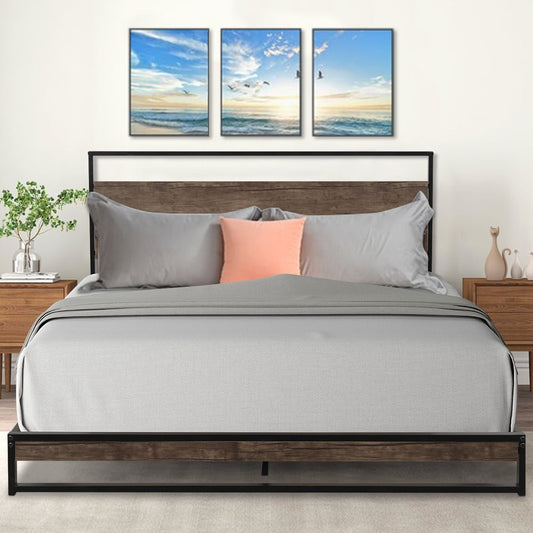SESSLIFE Queen Bed Frame with wood Headboard, Metal Platform Bed Frame for Kids Teens, Bed Frame No Box Spring Needed, Black, X212