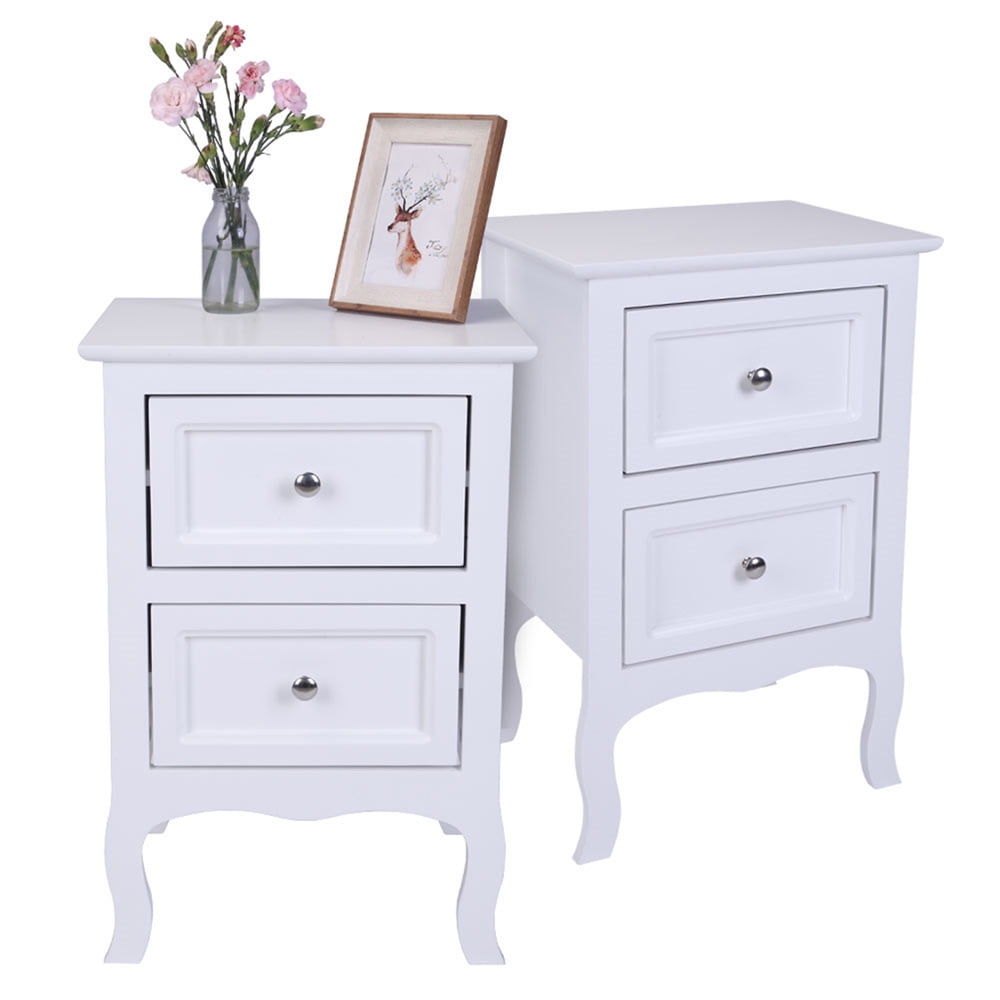 Sesslife White Nightstand with Drawers, Country Style Two-Tier Bedside Table Set of 2, Wood End Table for Living Room Bedroom, X3102