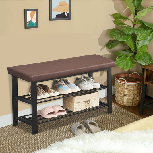 SESSLIFE Metal Shoe Bench, Storage Bench Organizer with Cushioned Seat, 3-Tier Shoes Rack Shoe for Entryway Hallway, 31.5 x 11.8 x 19.7 Inches, Brown