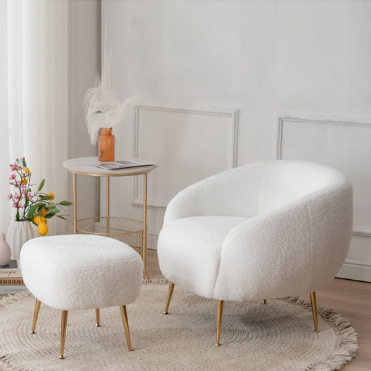 Sesslife White Accent Chair and Ottoman Set, Faux Fur Accent Chair with 15.7"H Ottoman, Modern Living Room or Bedroom Furniture