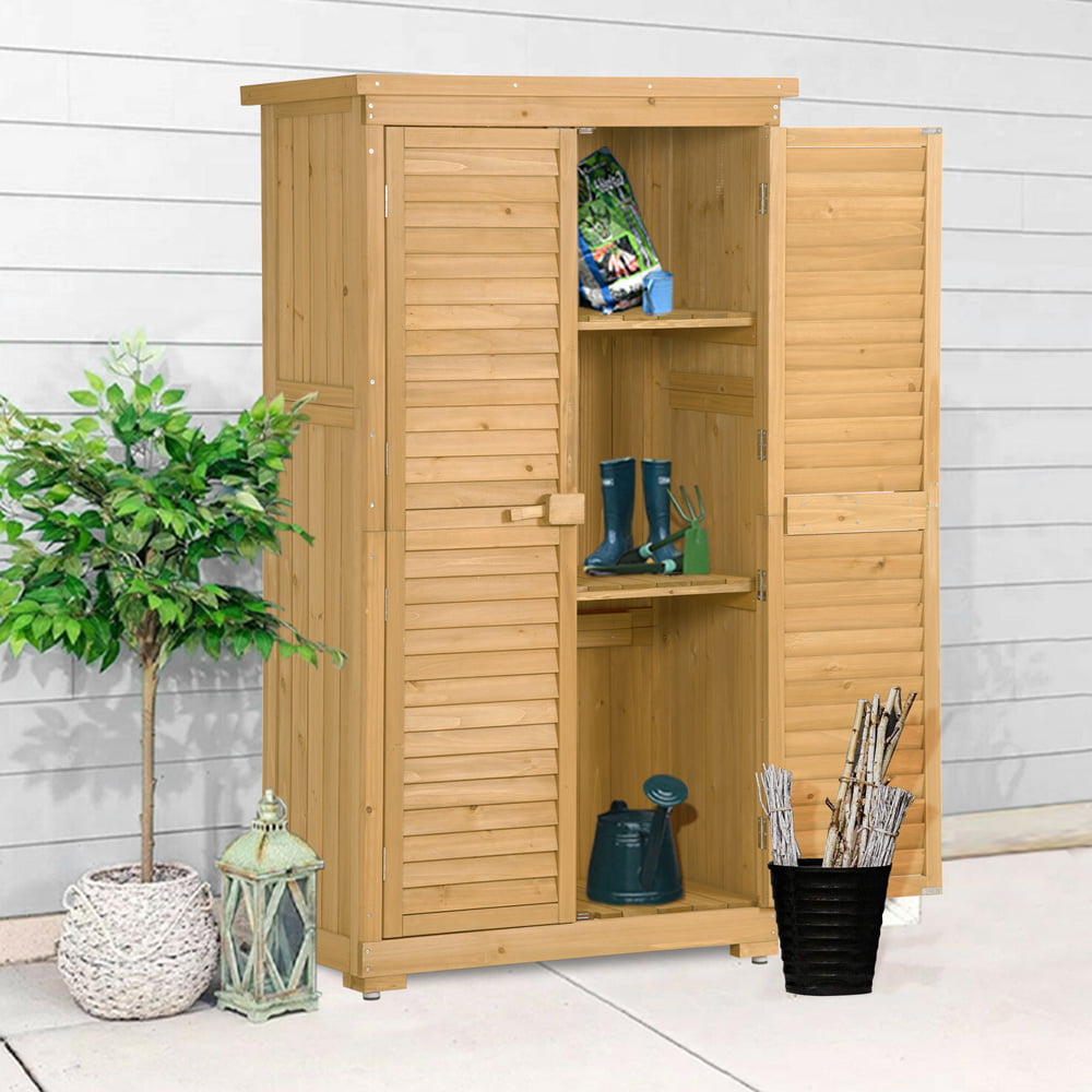 Sesslife Wooden Storage Sheds, Outdoor Storage Cabinet with Water-proof Roof, 3-Tier Tool Storage Shed with Adjustable Shelves and Legs for Garden Patio Yard, Shutter Doors Design, Natural Wood, X3257