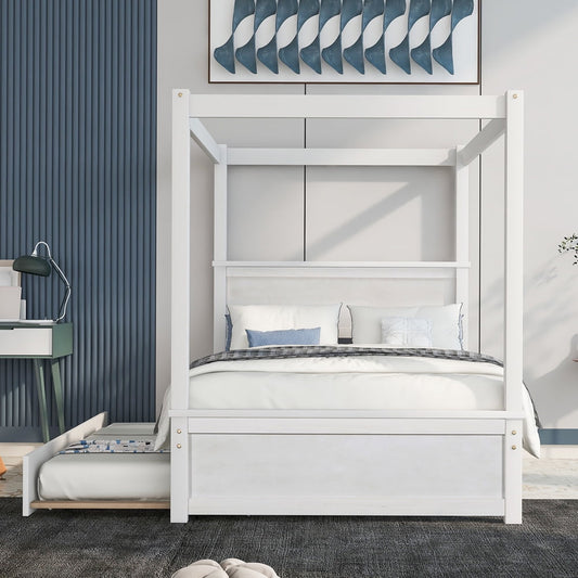 Sesslife Wood Canopy Bed with Trundle Bed, Full Size Canopy Platform bed With Support Slats, No Box Spring Needed, Modern Style Canopy Platform Bed with Headboard and Footboard, Brushed White