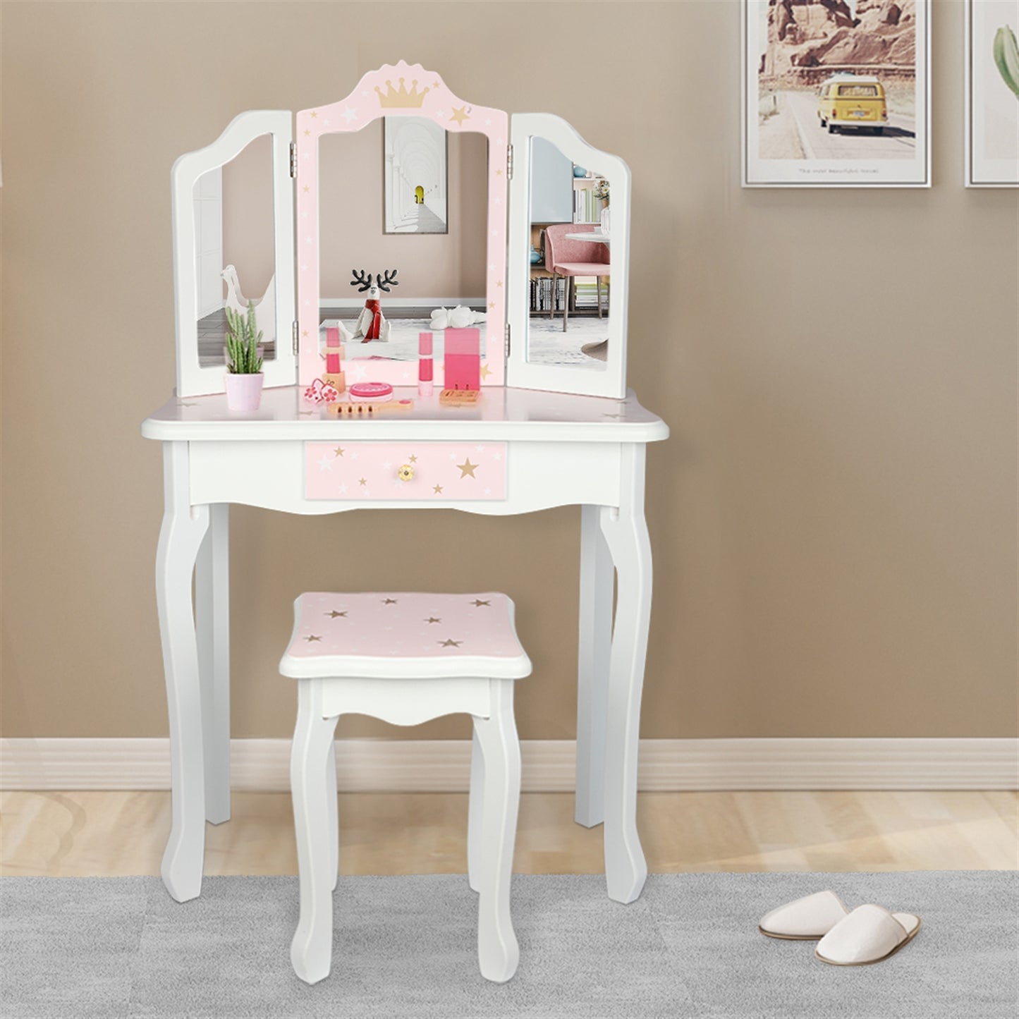 Kids Princess Vanity Table and Chair Set, Kids Vanity Set with Mirror, Makeup Dressing Table for Girls Age 4-9