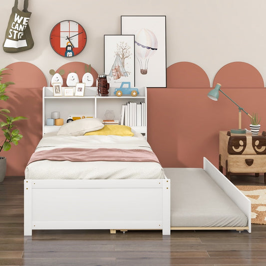 Sesslife Wood Twin Bed with Storage, Kids Bed Frame with Twin Trundle Bed, Storage Bed Frames with Bookcase Headboard and No Box Spring Needed, White Platform Bed Bedroom Furniture