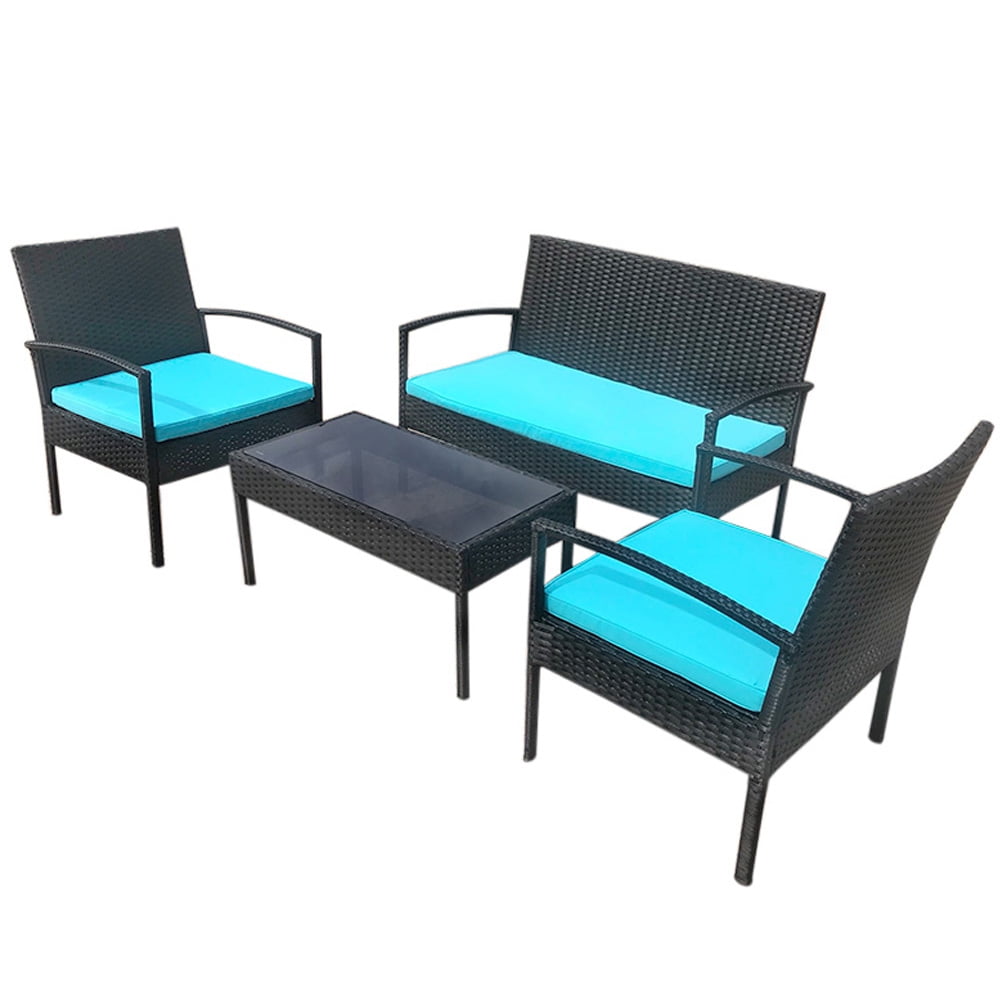 Wicker Outdoor Furniture Set, Sesslife 4-Piece Patio Sectional Sofa for Garden Backyard, 4-Person Black Rattan Seating Group with 2 Chairs, Loveseat, Tempered Glass Table, Blue Cushions