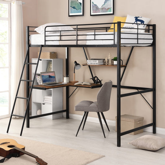 SESSLIFE Twin Loft Bed for Kids Teens, Metal Bed Frame with L-shaped Desk and Shelf, No Box Spring Needed, Loft Bed with Full-length Guardrails, Ladder, Space Saving Furniture, Black