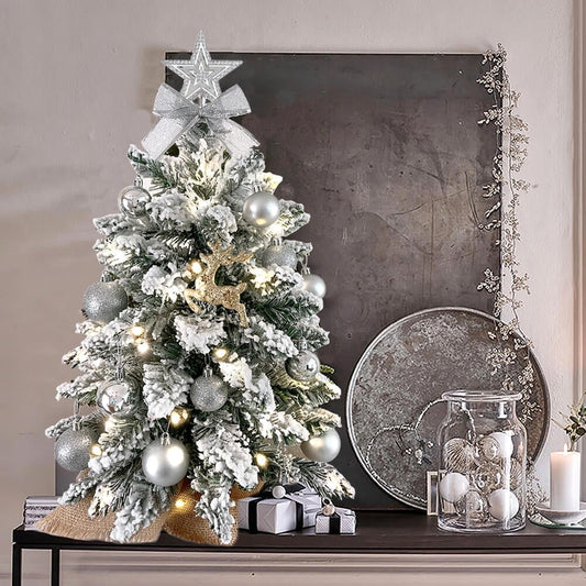 Mini Christmas Tree for Tabletop, SESSLIFE 20 Inches Table Top Christmas Trees with Lights, Small Flocked Christmas Tree for Desk Tabletop Fireplace, Indoor Christmas Tree Decorations, Silver, X1257