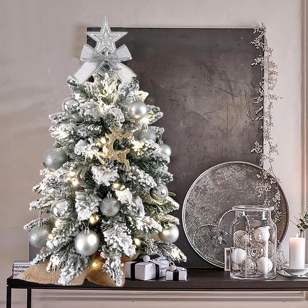 20 inch Christmas Tree with Lights, SESSLIFE Mini Flocked Tabletop Tree Christmas for Home Party Holiday New Year Christmas Decorations Indoor, Small Table Top Christmas Tree, Silver, X1261