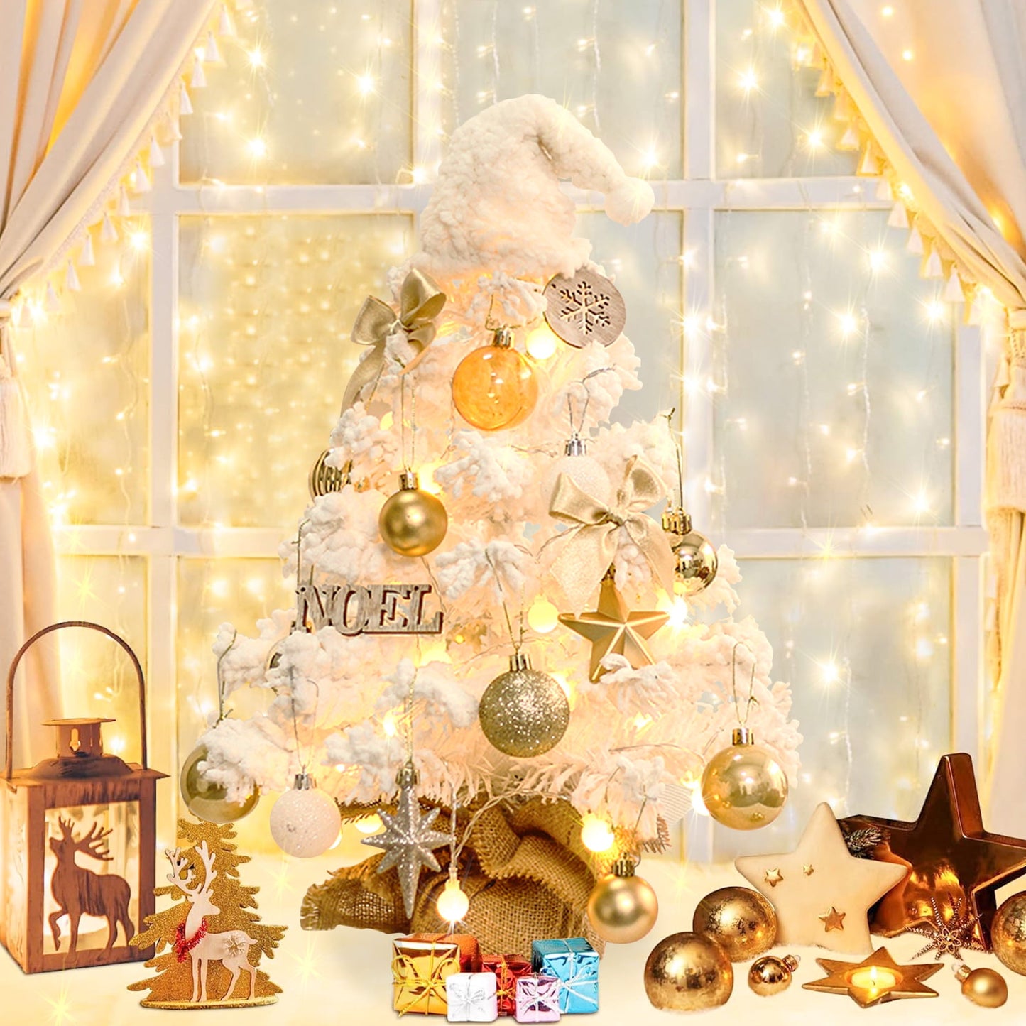SESSLIFE 20 inch Christmas Tree with Lights, Mini Flocked Tabletop Tree Christmas with Ornaments for Home Party Holiday New Year Christmas Decorations Indoor, Small Table Top Christmas Tree, White