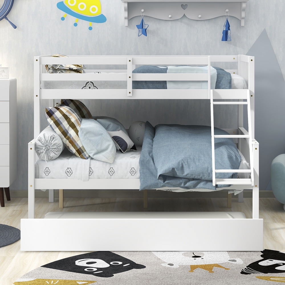 Wood Twin over Full Bunk Bed with Trundle for Kids, Sesslife Bunk Bed Frame with Ladder and Safety Guardrail, No Box Spring Need, Detachable Bed Frame Be Converted into 2 Beds, White, X2973