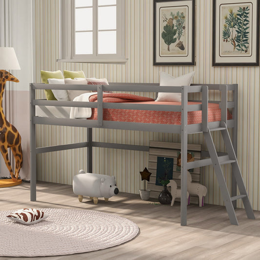 Wood Loft Bed for Boys Girls, SESSLIFE Twin Low Loft Bed with Ladder and Full-length Guard Rails, Twin Size Bed Frame with Wood Slats Support, No Box Spring Needed, Gray Kids Bedroom Furniture