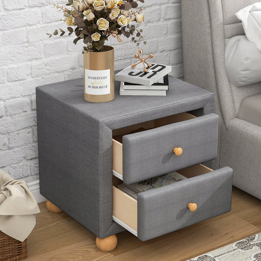 Sesslife Storage Nightstand with Drawers, Upholstered Night Stand for Bedroom, Modern Bedside Table with Natural Wood Knobs and Legs, Pine Wood Frame, Dark Gray