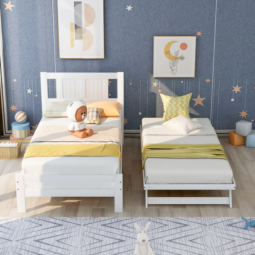 SESSLIFE Platform Bed with Adjustable Trundle, Wood Twin Bed Frame with Headboard for Kids Teens Adult, Convertible 2-in-1Modern Beds for Bedroom Guest Room, No Box Spring Needed, White, X2147