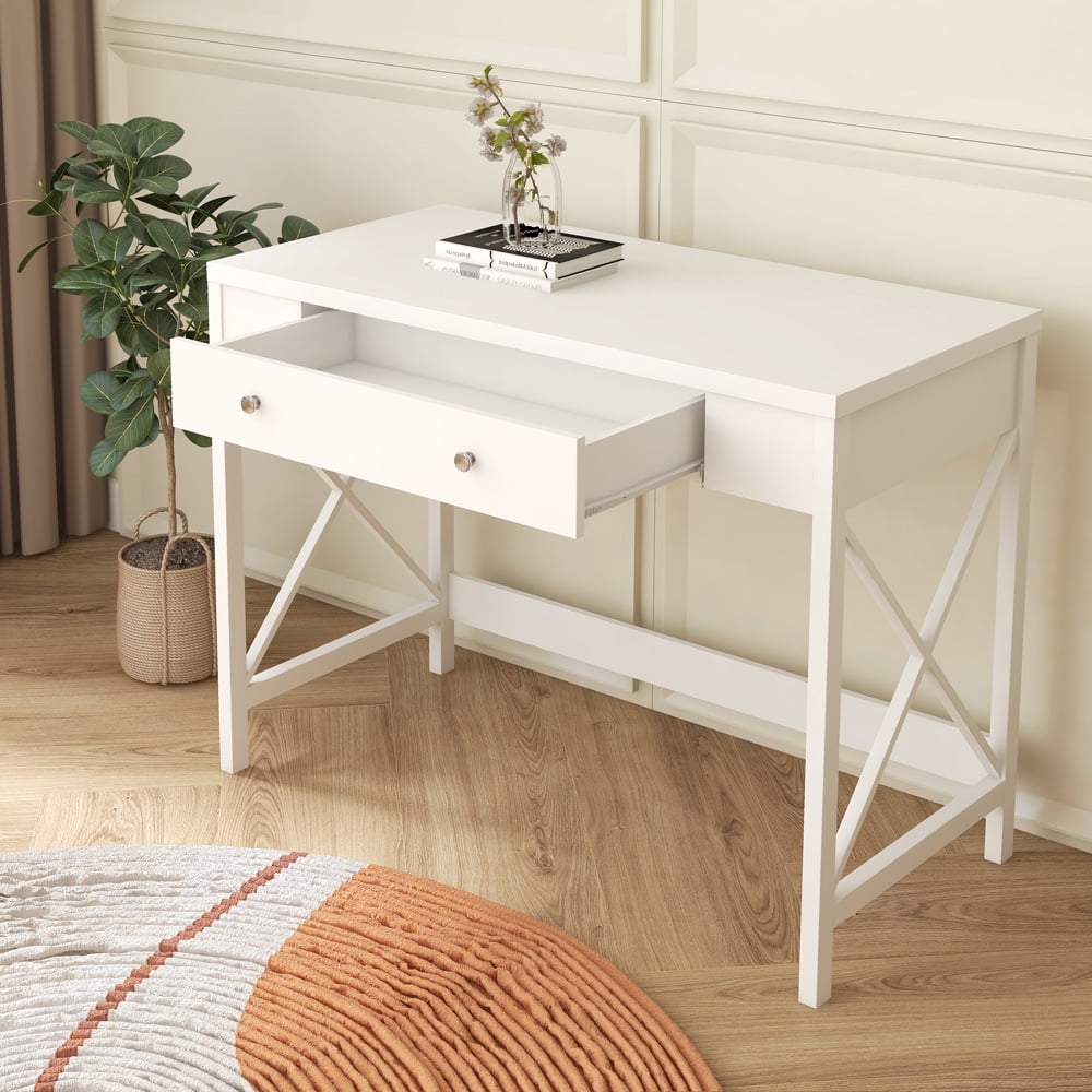 SESSLIFE White Console Table, Wood Rectangle Console Table with Drawers and Shelf for Entryway Living Room