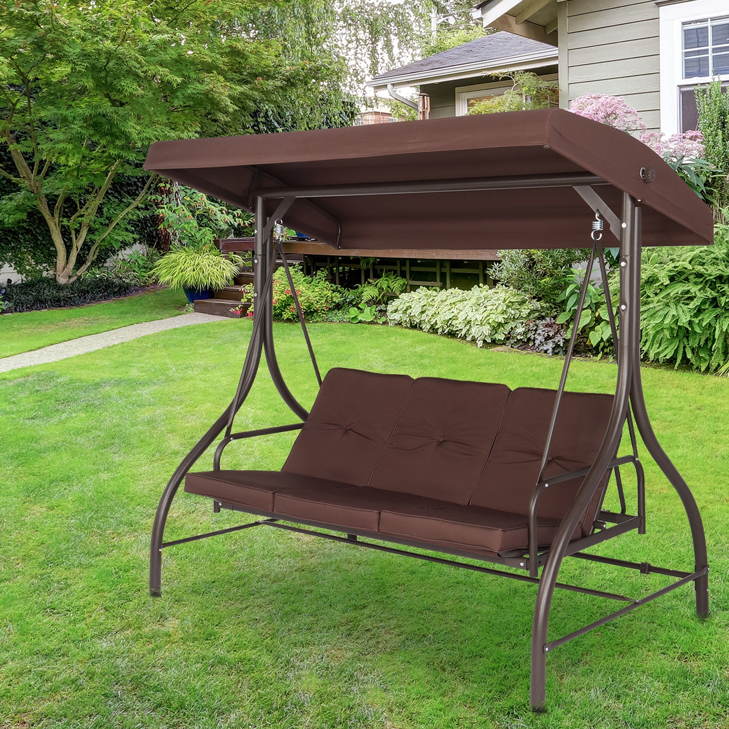 Patio Swings with Canopy, 3-Seater Outdoor Canopy Swing for Adults, Canopy Swing Glider for Porch Garden Poolside Backyard, Brown