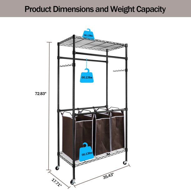 Laundry Room Organization with Laundry Hamper 3 Section and Garment Rack Hanging Rod, Sesslife Laundry Cart with Swivel Casters, Steel Frame Laundry Sorter for Home Laundry Room, Black