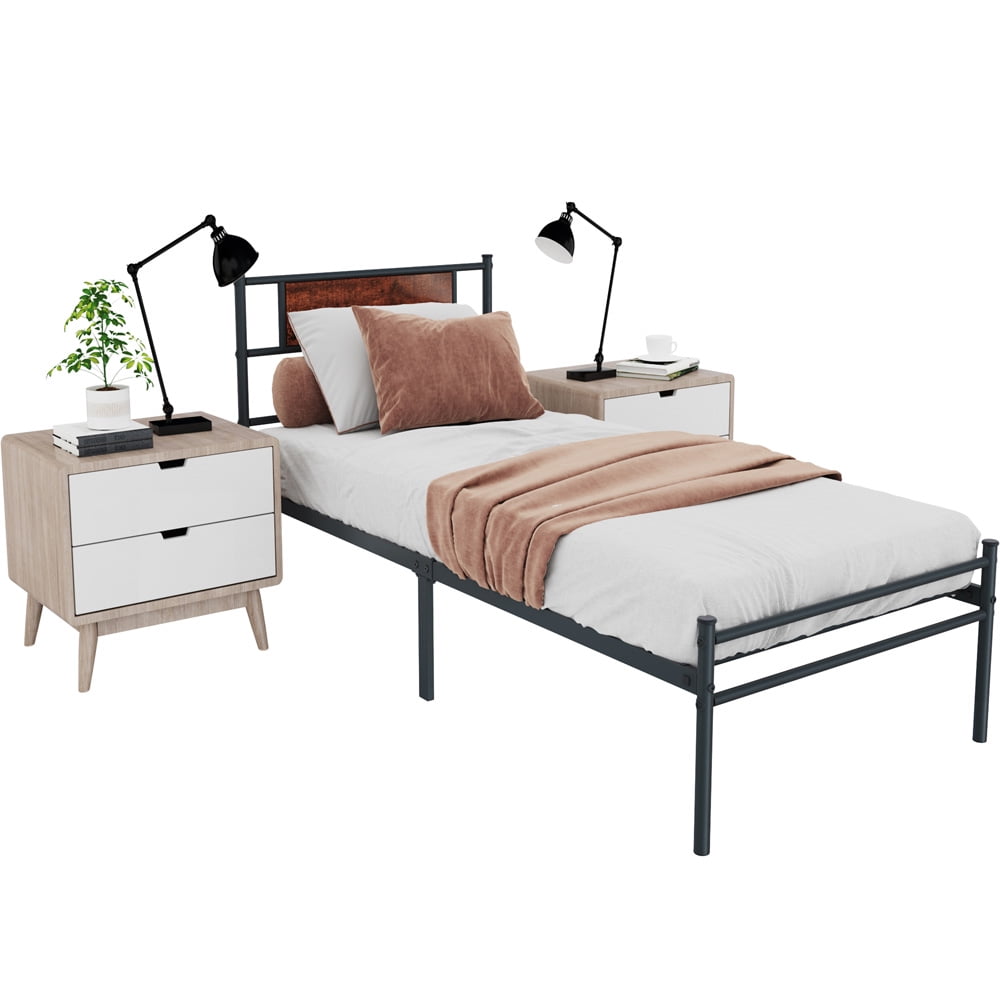 SESSLIFE Twin Bed Frames with Headboard, Metal Bed Frame with Steel Slats, No Box Spring Needed, Twin Platform Bed Frame for Kids Teens Guest, Bedroom Furniture, Black, X2136