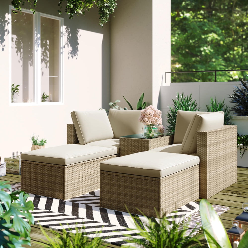 SESSLIFE Outdoor Sectional Sofas, PE Rattan Patio Furniture Set with Glass Top Table for Garden Pool Deck Porch, 5 Piece Cushioned Wicker Sofa Conversation Set for 2-4 People, Beige Cushions, X3009