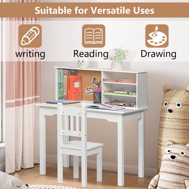 Kids Writing Desk Set for Bedroom, SESSLIFE White Wooden Desk and Chair Set with Storage for Student, X846