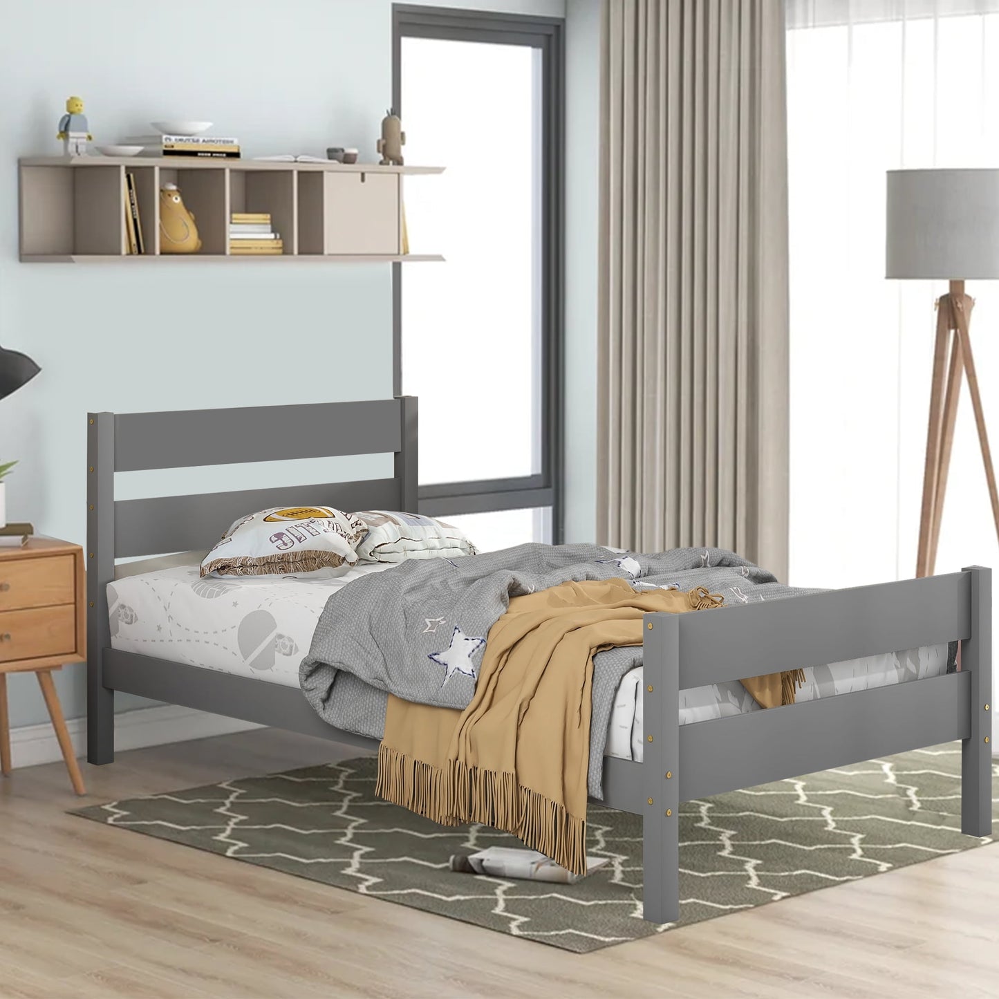 Twin Bed with Headboard and Footboard, Sesslife Solid Wood Bed Frame for Kids Teens Bedroom Dorm, Twin Size Platform Bed with Support Slats, Gray Bed Frames for Boys Girls, No Box Spring Needed