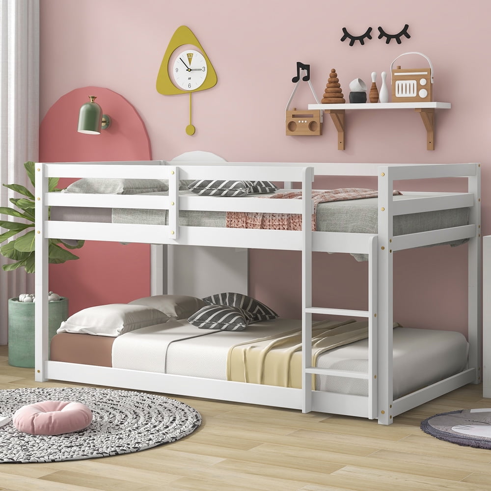 Wood Bunk Bed Twin Over Twin, Sesslife Floor Bunk Beds Frame for Kids Teens Adults Dormitory Bedroom, Low Bunk Frame No Box Spring Needed, Included Safety Guardrail and Ladder, White