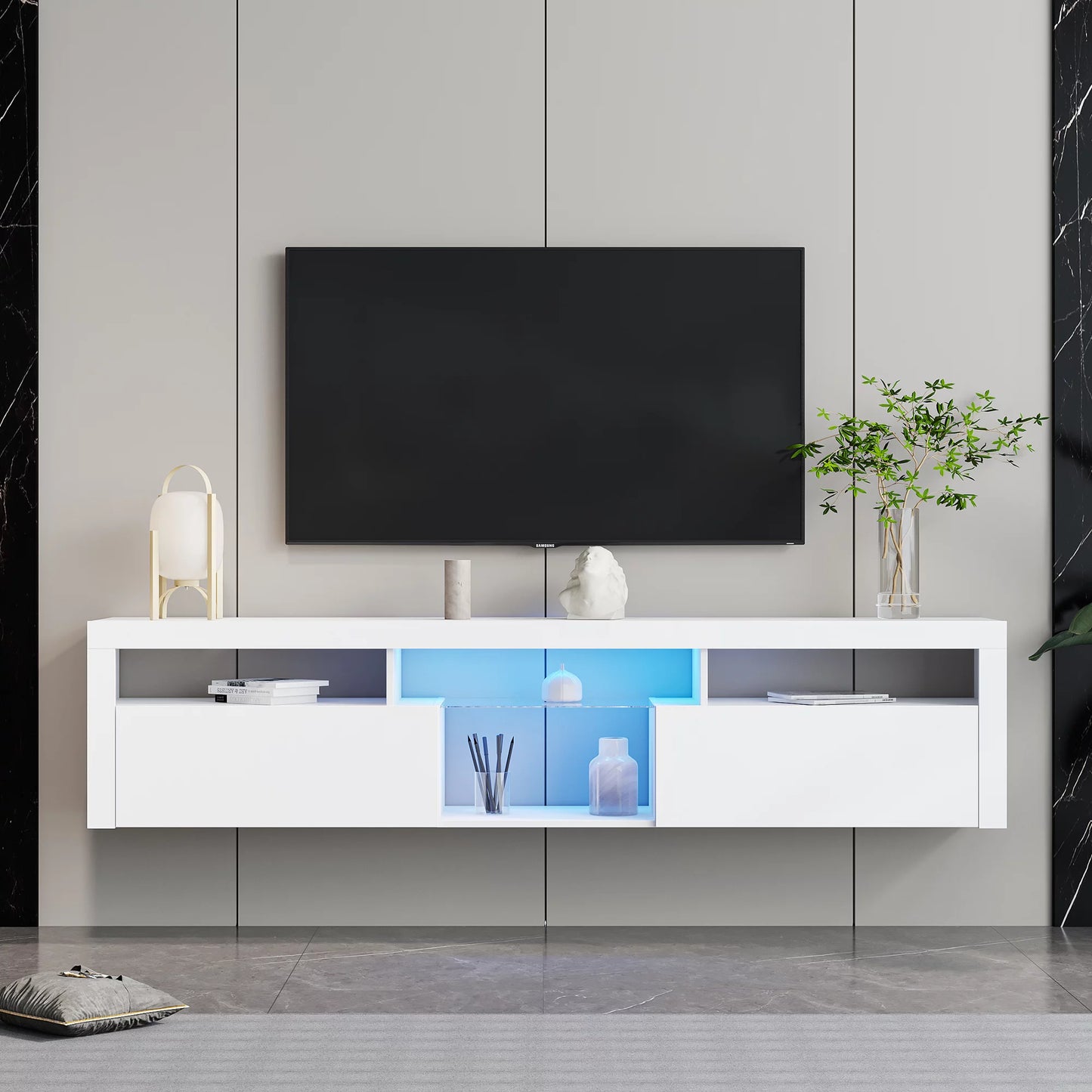 Sesslife Floating TV Stand Wall Mounted, LED Entertainment Center with Storage Cabinets, TV Stand for 80 Inch TV, Gaming Entertainment Center Console Table with Lights, Black