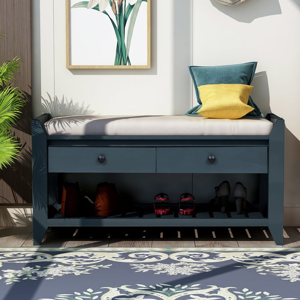 Wood Storage Bench, SESSLIFE Entryway Shoe Bench with Cushioned Seat and Drawers, Modern Entryway Furniture, Antique Navy, X294