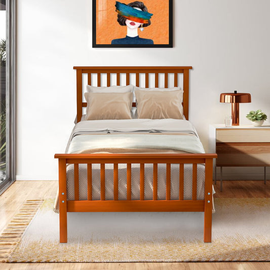 Twin Bed Frame No Box Spring Needed, SESSLIFE Wood Bed Frame with Headboard and Footboard, Pine Wood Construction, Twin Size Platform Bed Frame for Boys Girls, Easy to Assemble, Oak, X2614