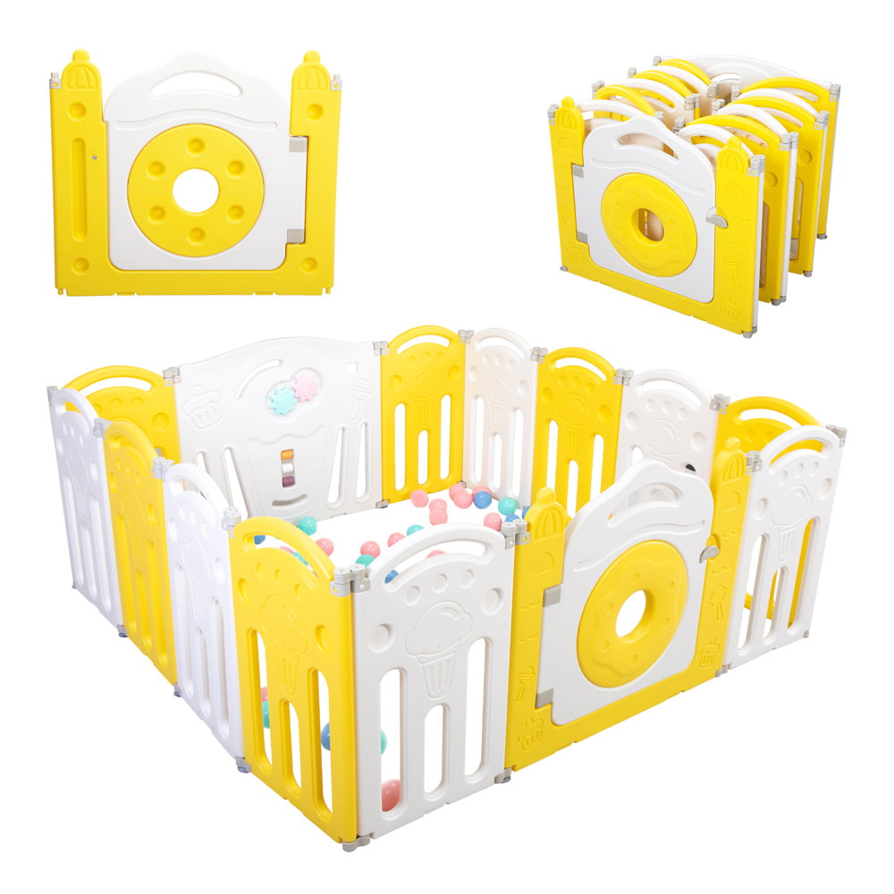 Baby Playpens for Infants Toddler, SESSLIFE Foldable 14 Panels Play Yards with Lock Door, Baby Play Pens Activity Center, Indoor Playpen for Living Room Bedroom Playroom, Yellow & White, X2862