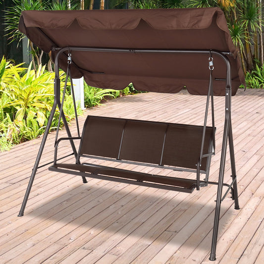 Sesslife Porch Swing with Canopy, 3-Seat Patio Swing Chairs for Backyard Porch, Canopy Swing Chairs with Adjustable Canopy and 551LBS Weight Capacity, Brown Outdoor Porch Swing Beach